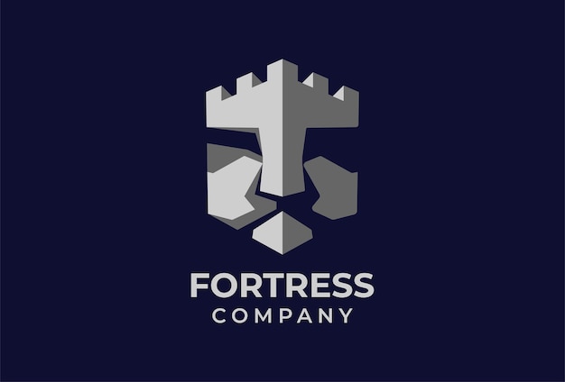 Combinación de diseño de logotipo de fortaleza cabeza de león y el fuerte forma una ilustración de vector de escudo