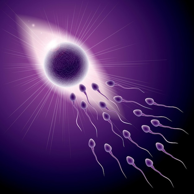 Combinación de espermatozoides y óvulos, muchos espermatozoides revuelven óvulos.