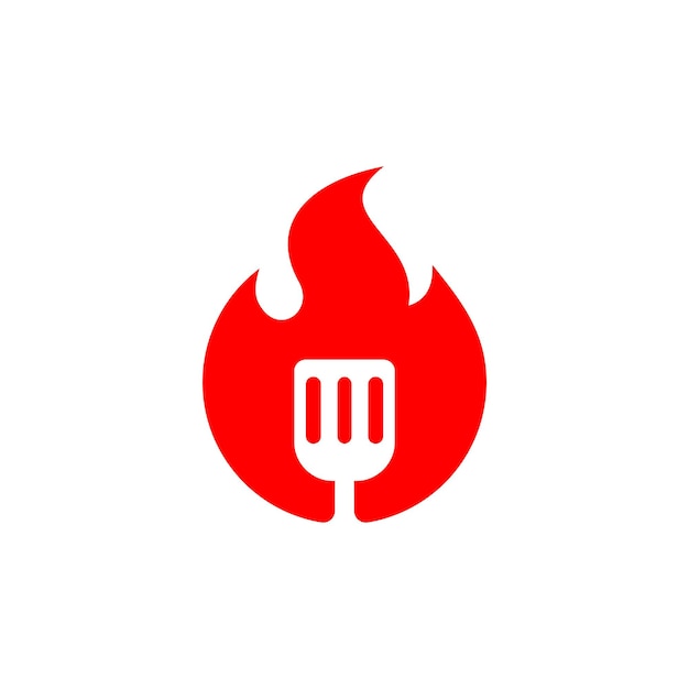 Combinación de logo de fuego y espátula. concepto de vector de icono de comida de restaurante de barbacoa caliente.