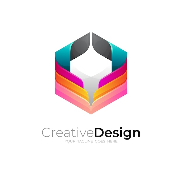 Vector combinación de logotipo hexagonal y diseño de ala icono colorido 3d