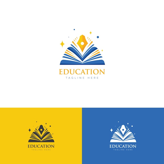 Combinación de logotipo pictórico de educación Libros y logotipo de plantilla espumoso de pluma con color amarillo azul