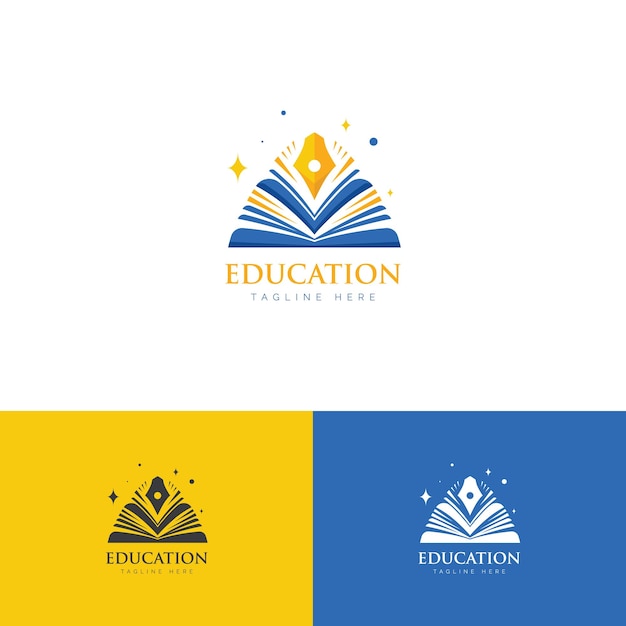 Combinación de logotipo pictórico de educación libros y logotipo de plantilla espumoso de pluma con color amarillo azul