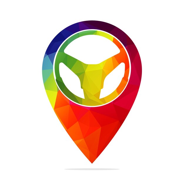 Combinación de logotipo de puntero de mapa y timón de coche Diseño de vector de símbolo de localizador gps y volante