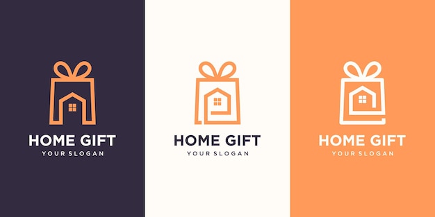 Combinación de logotipo de regalo y casa. plantilla única de diseño de logotipo y sorpresa