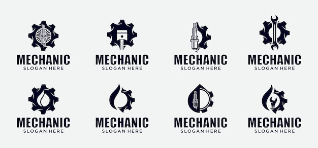 Combinación de logotipo de tecnología mecánica, símbolo de logotipo de aceite de engranaje, piezas de motor de pistón y engranaje