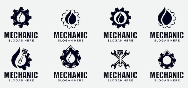 Combinación de logotipo de tecnología mecánica, símbolo de logotipo de aceite de engranaje, piezas de motor de pistón y engranaje