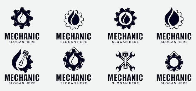 Vector combinación de logotipo de tecnología mecánica, símbolo de logotipo de aceite de engranaje, piezas de motor de pistón y engranaje