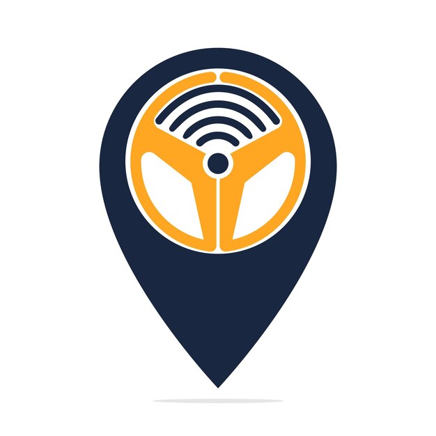 Combinación de logotipo de timón de automóvil y puntero de mapa diseño vectorial de símbolo de volante y localizador gps