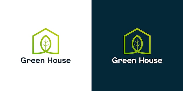 Combinación de logotipos de la casa y el entorno verde del invernadero de la hoja