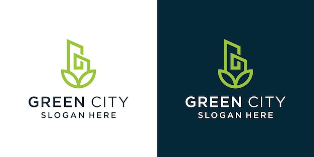 Combinación de logotipos de hojas y edificios ciudad verde vector de diseño simple
