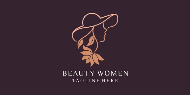 Combinación de mujer hermosa de mujer con sombrero plantilla de diseño de logotipo iconos vectoriales premium