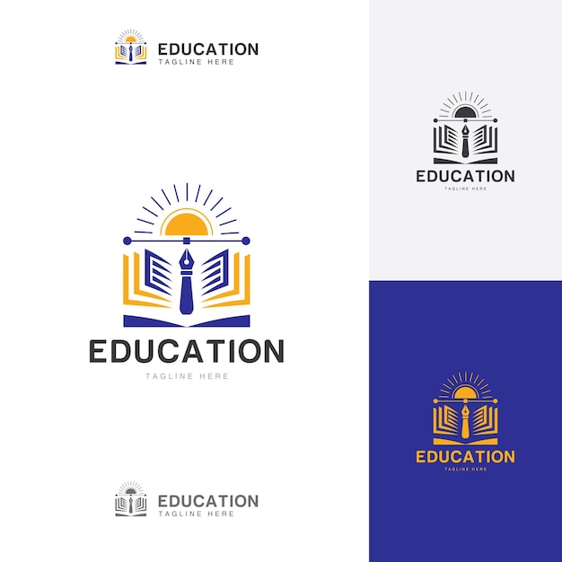 Combinación pictórica de educación Libros, Bolígrafo, Plantilla de logotipo de edificio Sunrise para su producto de curso