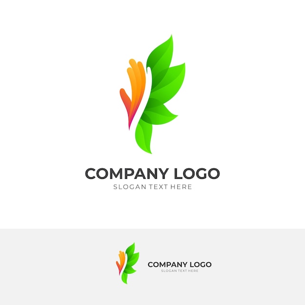 Combinación de plantilla de diseño de logotipo de hoja y mano, estilo de color 3d