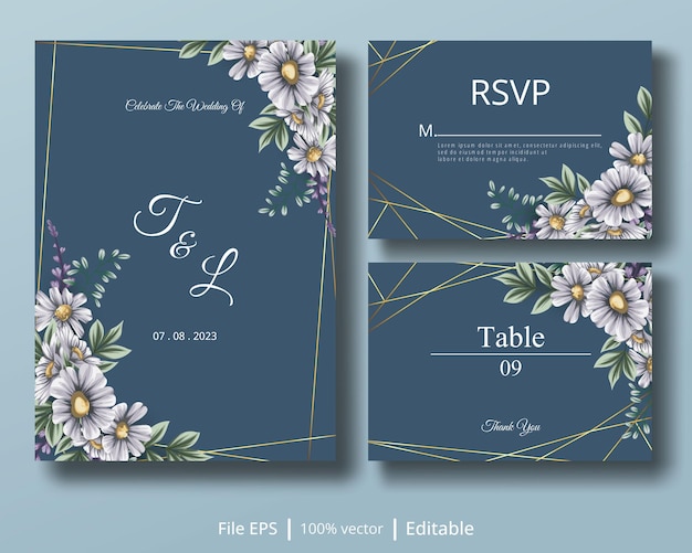 combinación de tarjeta de invitación de boda con hermosa flor de margarita 07