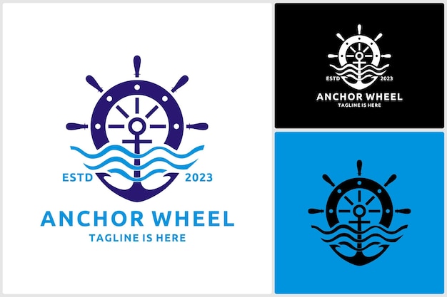 Combinación de volante con ancla y ola marina para diseño de vectores de logotipo de barco