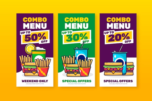 Vector combo ofrece paquete de banners de comida rápida