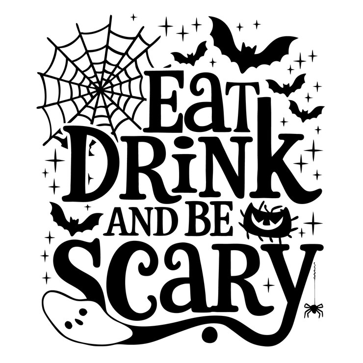 Come, bebe y ten miedo Caligrafía de Halloween con letras de calabazas Diseño de camiseta de fondo