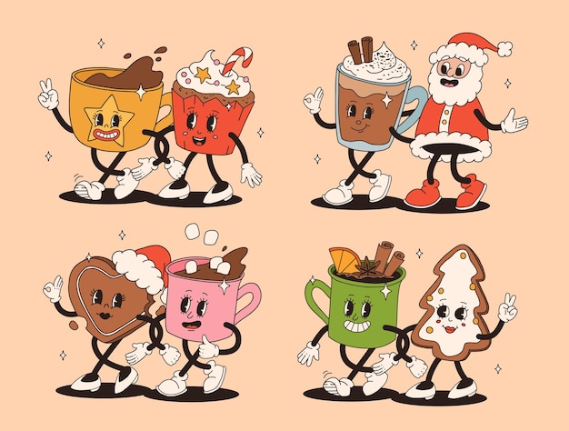 Comedia de dibujos animados retro Navidad Personaje en los años 50 60 70 estilo vintage Feliz año nuevo mascota con café caliente cacao pan de jengibre pastel cupcake y galleta Xmas personajes vintage