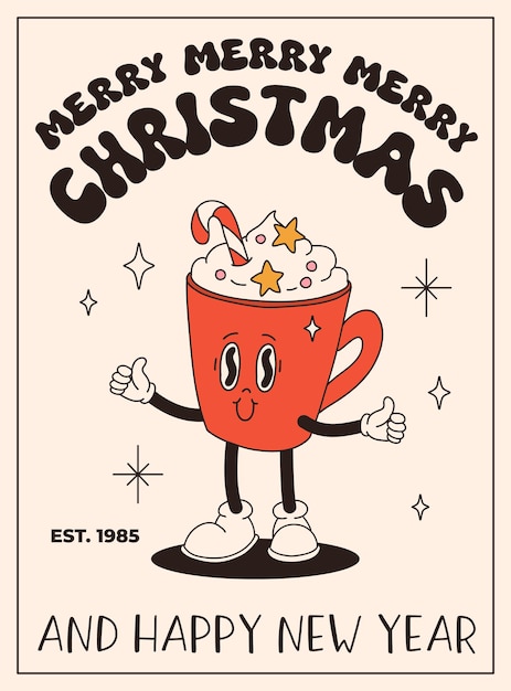 Comedia de dibujos animados retro de Navidad Personaje en los años 50 60 70 estilo vintage Feliz año nuevo mascota