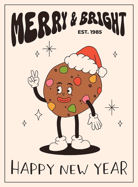 Comedia de dibujos animados retro de Navidad Personaje en los años 50 60 70 estilo vintage Feliz año nuevo mascota
