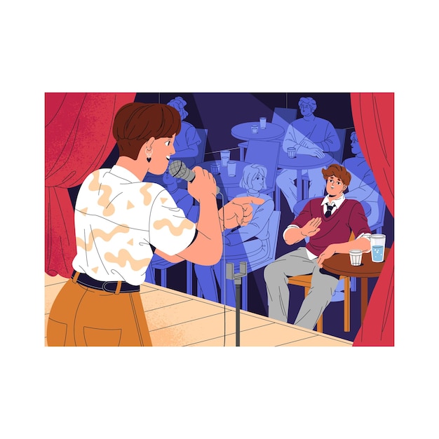 Comediante gracioso cuenta chistes con el micrófono en una actuación de comedia de standup Creative comic se comunica con el público espectador destacado invitado del escenario de micrófonos abiertos Ilustración vectorial plana