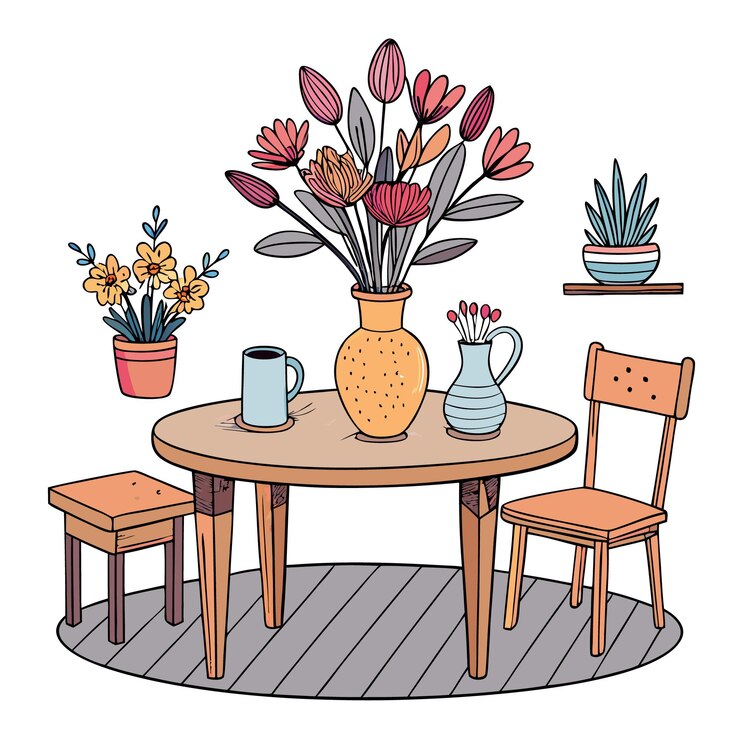 Vector un comedor acogedor con una mesa, sillas y arreglos florales