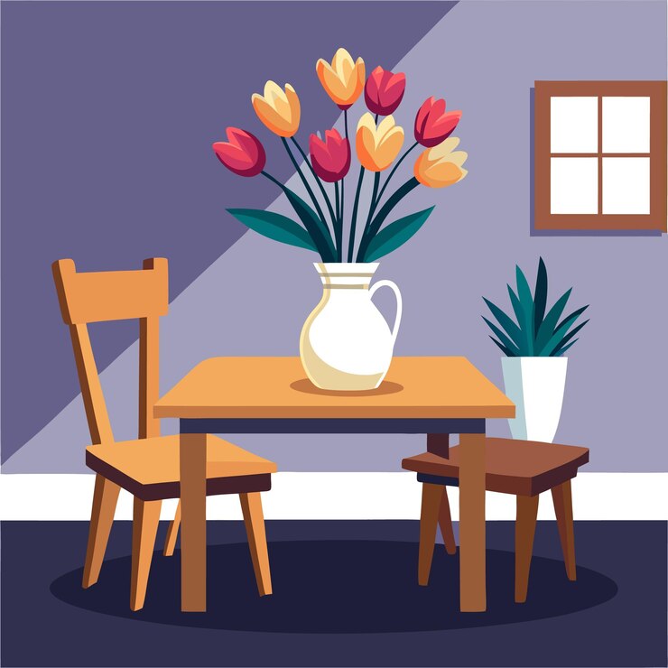 Vector un comedor acogedor con sillas de mesa y un jarrón de flores