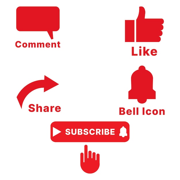 Comentario como compartir icono de campana haciendo clic mano y suscribirse a conjunto de botones vectorial