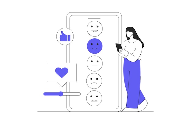 Comentarios del cliente Mujer Personaje que elige sonreír con buena emoción para la evaluación de la experiencia del cliente