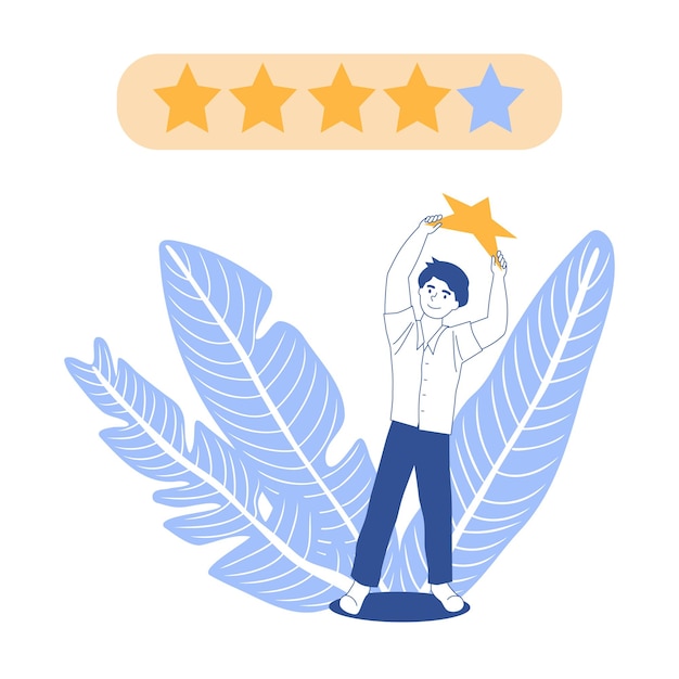 Comentarios de los clientes calificación de 5 estrellas el hombre tiene una estrella para dar la clasificación comercial de evaluación positiva más alta
