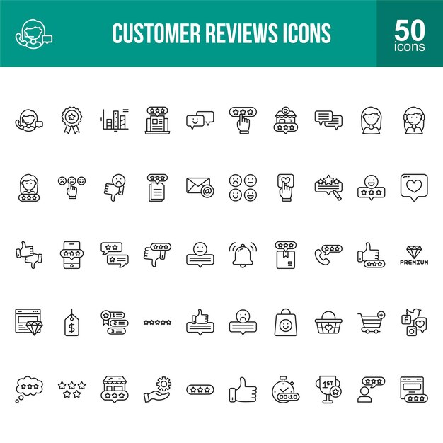 Comentarios de clientes Iconos de línea Clasificaciones de retroalimentación de paquetes y diseños de evaluación de productos