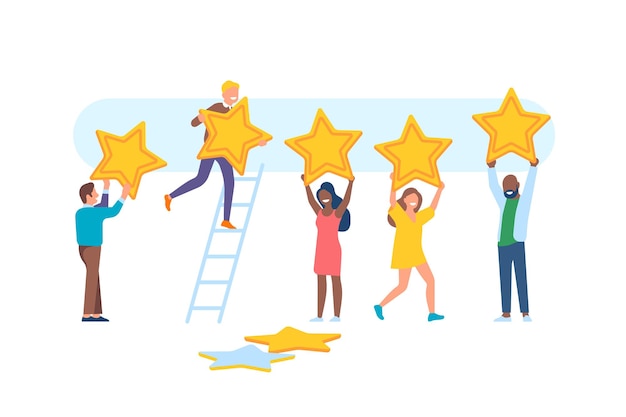 Comentarios de la gente. Personajes de hombres y mujeres felices con grandes estrellas, apreciación de la calificación, clasificación de la aplicación, los usuarios dan puntos por el servicio y el conjunto de vectores de revisión positiva