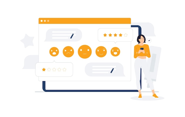 Vector comentarios revisión del cliente encuesta de satisfacción cliente evaluar calidad servicio clasificación de reputación el usuario da servicio de calificación excelente experiencia ilustración del concepto de aplicación de teléfono móvil