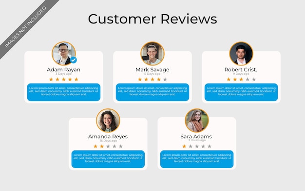 Comentarios de revisión del cliente o plantilla de maqueta de testimonios, calificación de satisfacción del cliente de 1 a 5 estrellas