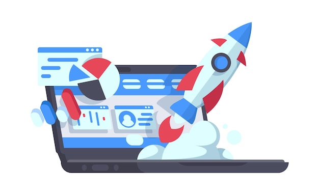 Comenzar con éxito comenzar un nuevo proyecto de negocio Comenzar a lanzar un concepto empresarial Rocket ship en la computadora para medios de inicio Ilustración de dibujos animados vectoriales