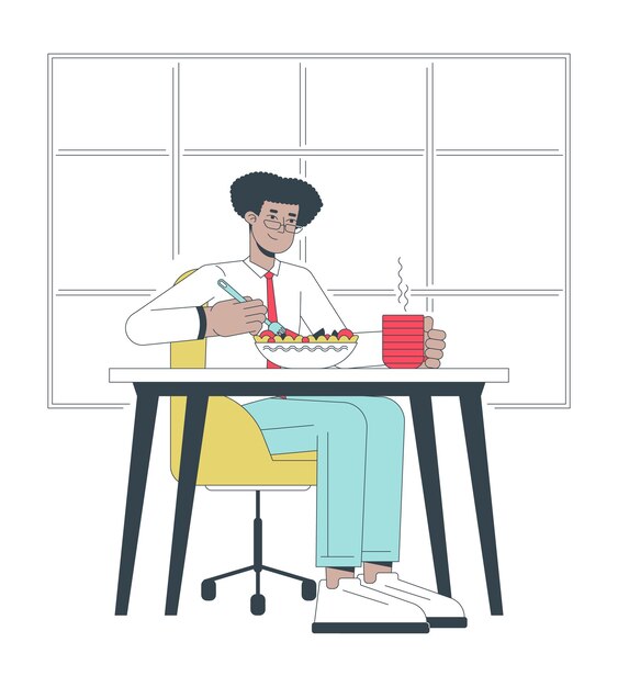 Vector comer un almuerzo saludable en el trabajo ilustración plana de dibujos animados empleado latino del milenio en descanso personaje lineal 2d aislado en fondo blanco aumentar la productividad laboral imagen de color vectorial de escena