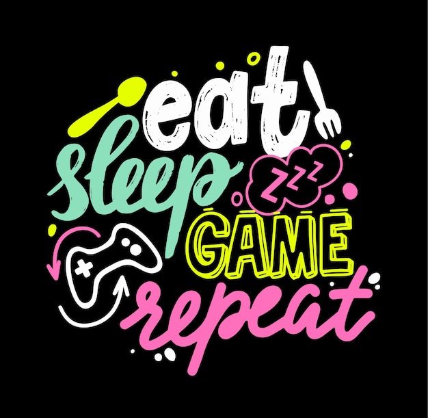 Comer, dormir, jugar, repetir letras de jugador y elementos de doodle. impresión de camiseta, pancarta con grafiti creativo o tipografía