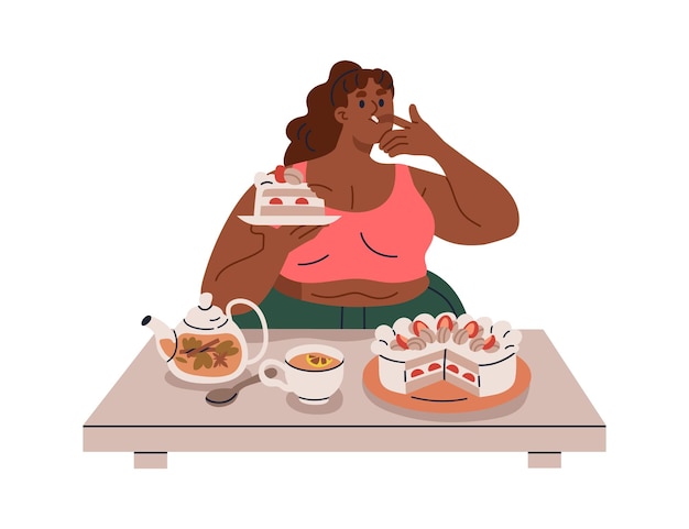 Comer en exceso y glotonería Mujer gorda y gruesa comiendo pastel dulce alimentos azucarados confitería Personaje gordo con pastelería Ilustración gráfica vectorial plana aislada sobre fondo blanco