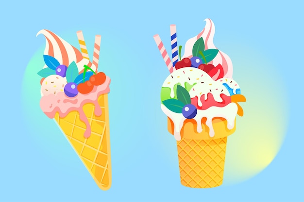 Comer helado de sorbete en verano con playa y plantas en la ilustración de vector de fondo