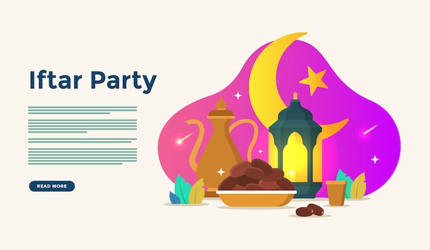 Comer juntos después del ayuno fiesta fiesta iftar. Cena familiar musulmana en Ramadan Kareem o eid celebrando con el concepto de carácter de personas para la plantilla de página de aterrizaje web