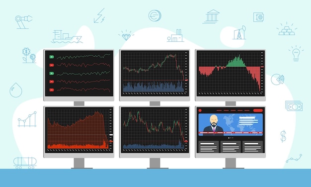 Comerciante de bolsa de valores múltiples monitores de computadora con desplazamiento hacia abajo gráficos financieros y negocios de noticias