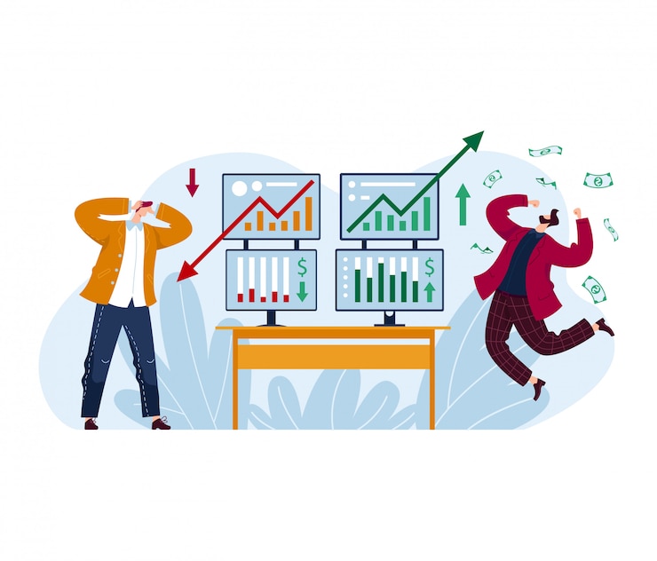 Vector el comerciante masculino pierde el intercambio del mercado de valores del dinero, hombre del inversor que gana el dinero aislado en blanco, ilustración de la historieta.