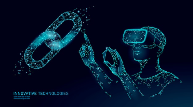 El comerciante moderno masculino administra el sistema blockchain. Operación de datos de administración de asistencia de realidad virtual. Las gafas de realidad virtual 3D con gafas de realidad aumentada financian en línea digital