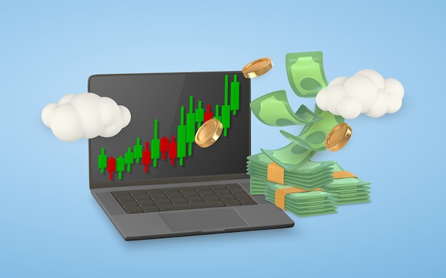 Comercio de acciones en línea en 3D con computadora portátil gráfico de inversión pila de dinero en estilo de dibujos animados vector