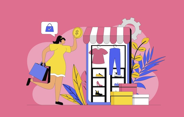 Comercio en concepto de aplicación móvil con diseño plano moderno para web Mujer que busca descuentos y ofertas en tiendas en línea haciendo compras con pagos seguros en Internet usando entrega Ilustración vectorial