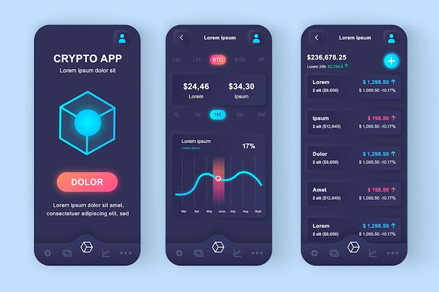Comercio de criptomonedas aplicación móvil de interfaz de usuario de diseño neumorfico moderno