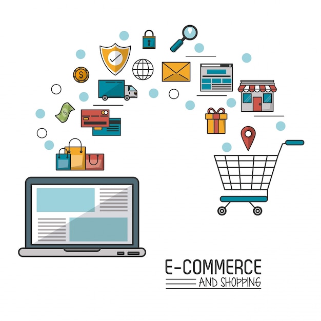 comercio electrónico y compras con computadora portátil y proceso agregar al carrito de la compra