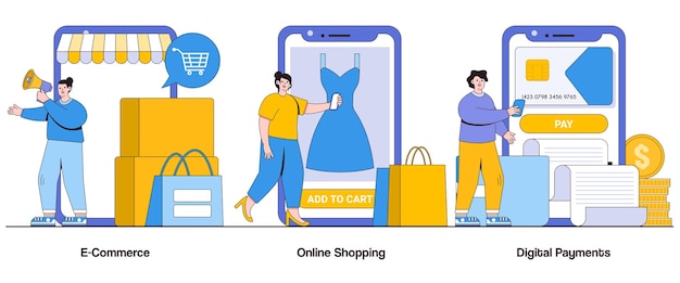 Comercio electrónico Compras en línea Concepto de pagos digitales con carácter Mercado virtual Resumen Vector Ilustración Conjunto Conveniencia Alcance global Metáfora de transacciones sin problemas