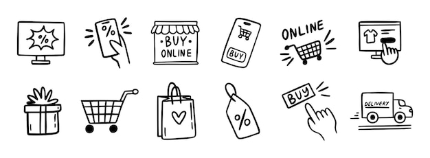 comercio electrónico compras en línea doodle conjunto de iconos dibujados a mano dibujo de esquema comercio electrónico líneas de compras en línea colección de símbolos clipart