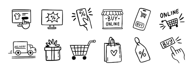comercio electrónico compras en línea doodle conjunto de iconos dibujados a mano dibujo de esquema comercio electrónico líneas de compras en línea colección de símbolos clipart